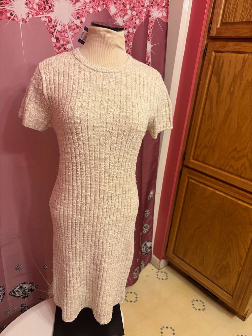 oatmeal color Ribbed Short-Sleeve Knit Dress